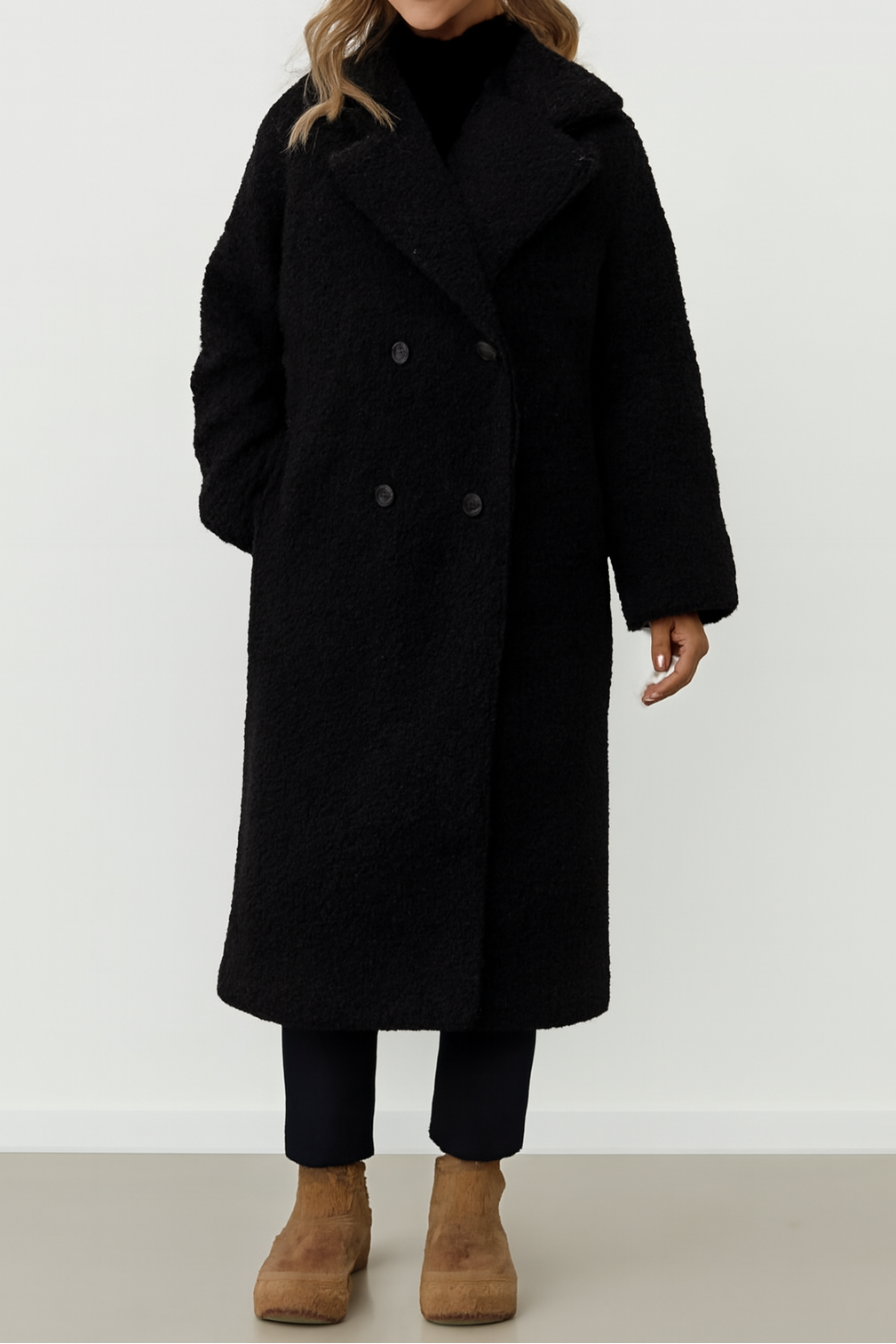 Marisol – Women’s Long Teddy Winter Coat with Lapel Collar and Button Closure