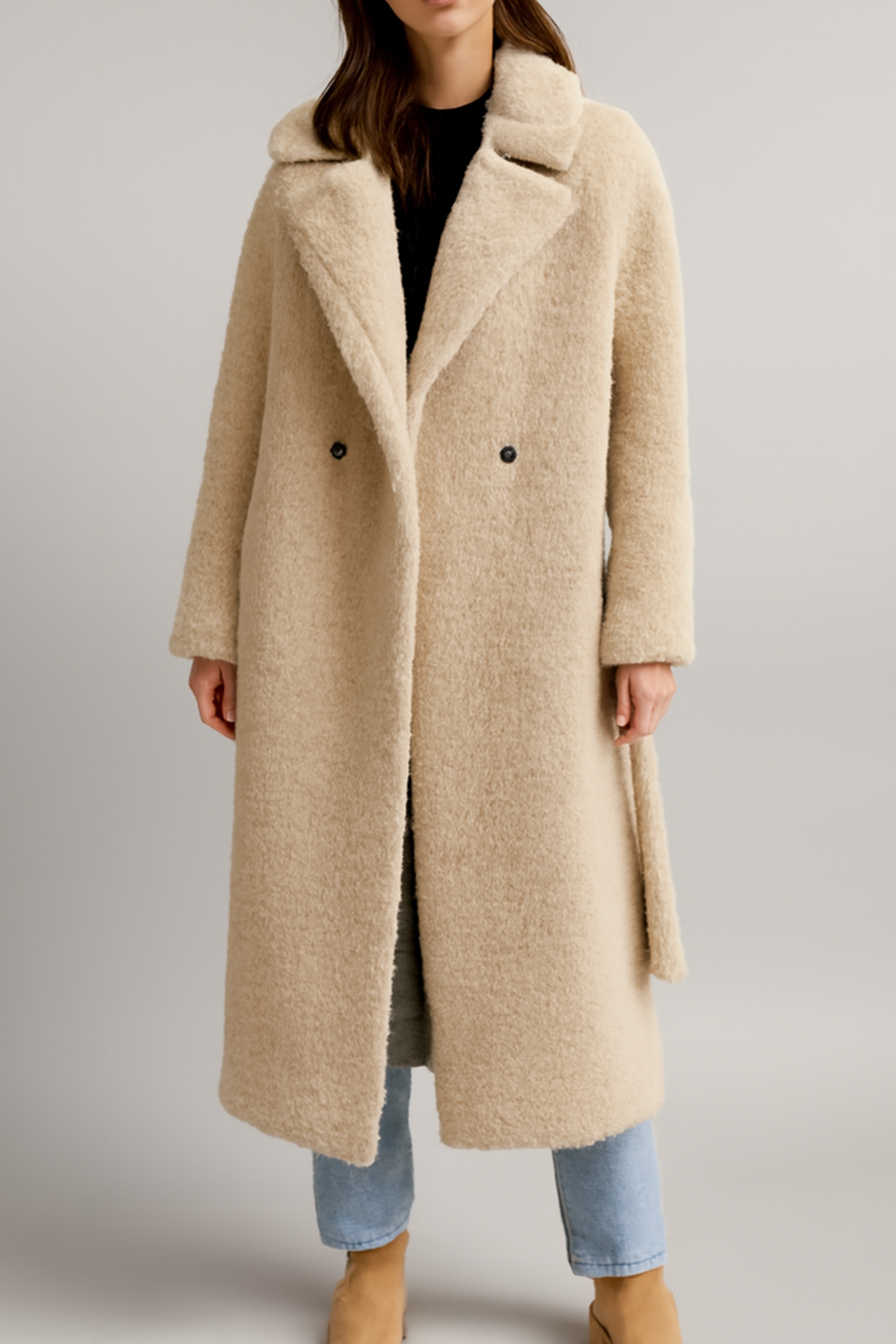 Marisol – Women’s Long Teddy Winter Coat with Lapel Collar and Button Closure