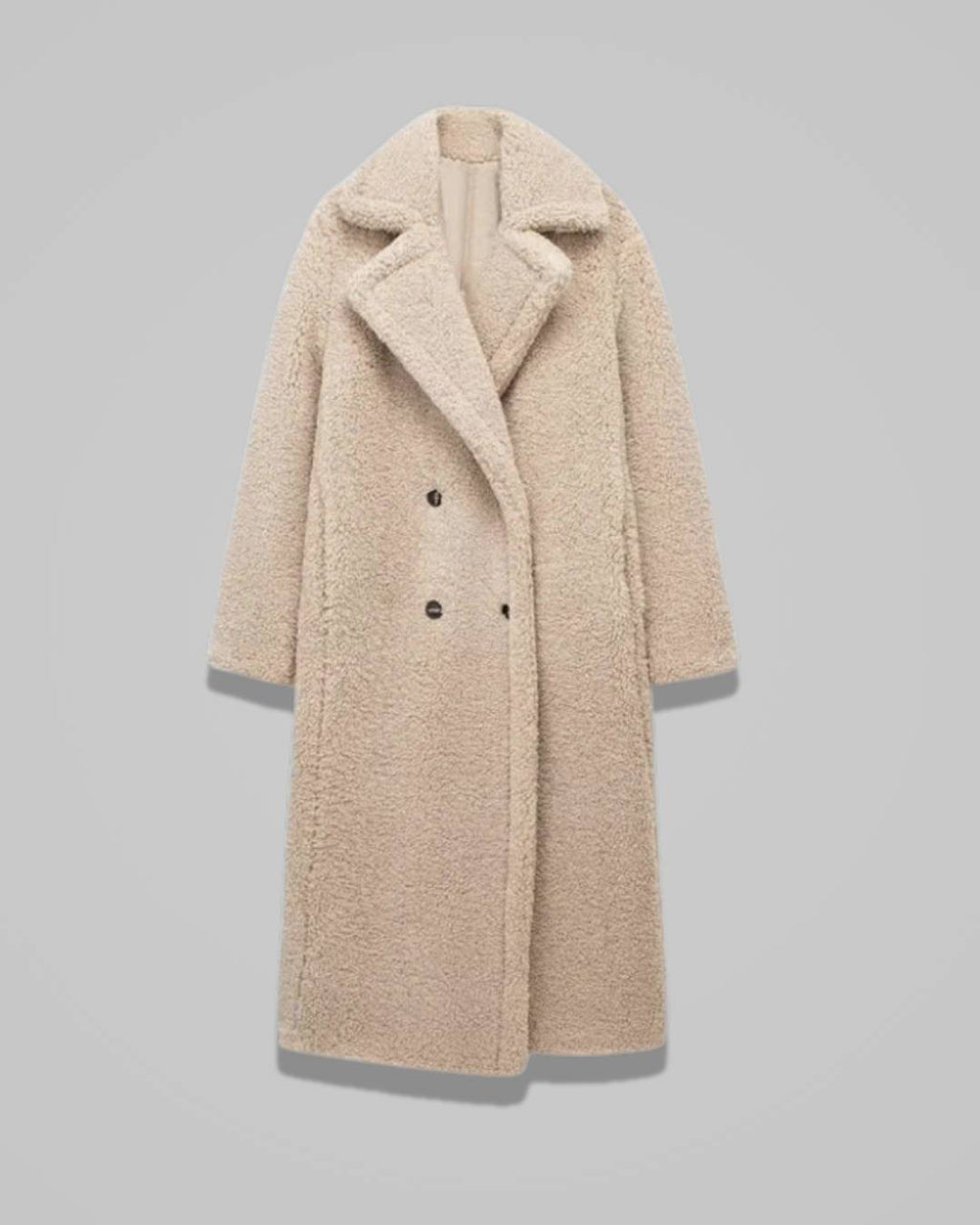 Marisol – Women’s Long Teddy Winter Coat with Lapel Collar and Button Closure