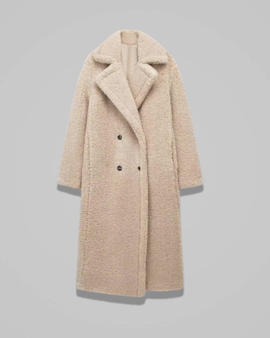 Marisol – Women’s Long Teddy Winter Coat with Lapel Collar and Button Closure