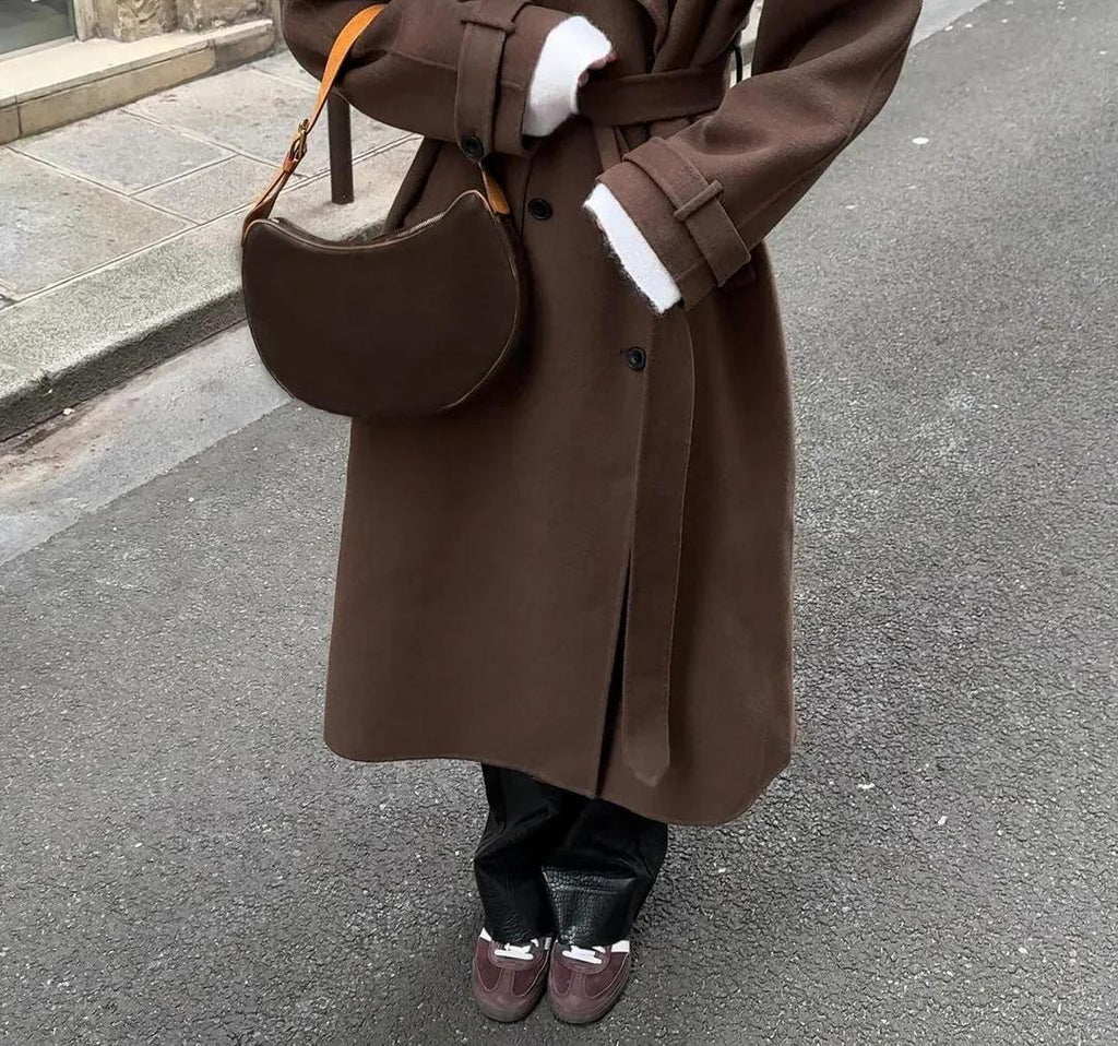 Adrielle – Women’s Wool-Blend Trench Coat with Belt and Double-Breasted Front